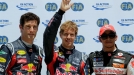 Europako S.N.: Vettel (polea), Webber (bigarren) eta Hamilton (hirugarren) entrenamendu ofizialen ondoren. Argazkia. EFE title=