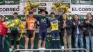 Klasika Primavera: Rui Costa (ganador), Urtasun (segundo) y Contador (tercero) en el podio. Foto: EFE title=