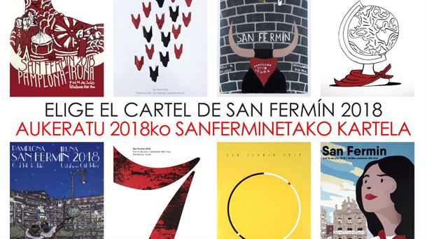 Resumen de los ocho carteles finalistas para anunciar los sanfermines de Pamplona.