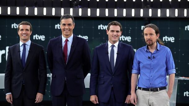 Pablo Casado, Pedro Sánchez, Albert Rivera y Pablo Iglesias en el debate de RTVE