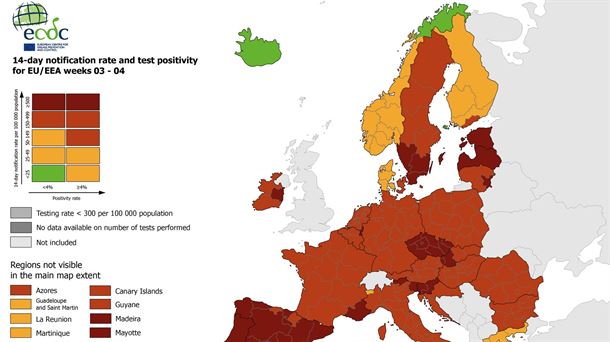 Koronabirusak Europar Batasunean duen intzidentzia erakusten duen mapa, 2021eko otsailaren 5ean