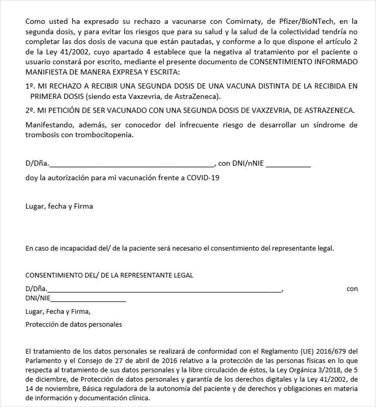 Documento de consentimiento para el que quiera repetir la vacuna de  AstraZeneca