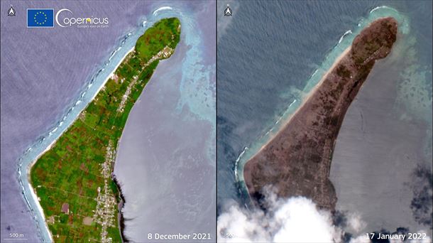 Kanokupolu, en la isla de Tongatapu (Tonga) antes y después de la erupción y el tsunami. Foto: EFE