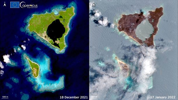 La isla de Nomuka (Tonga) antes y después de la erupción y posterior tsunami. Foto: EFE
