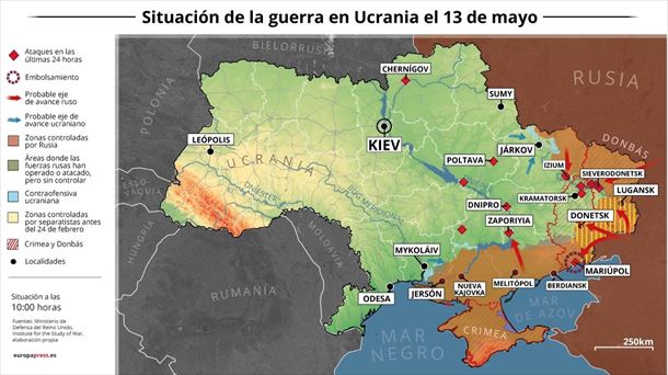 Mapa que muestra la situación bélica el 13 de mayo en Ucrania. Europa Press. 