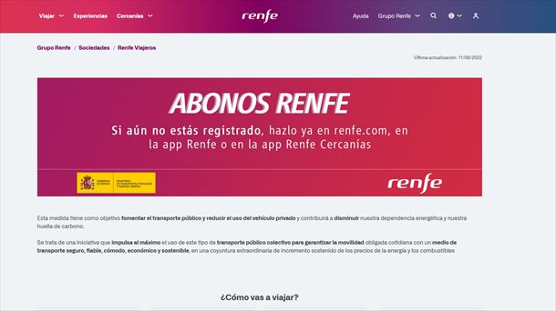 Página web de Renfe, donde hay que registrare para adquirir los abonos gratuitos.